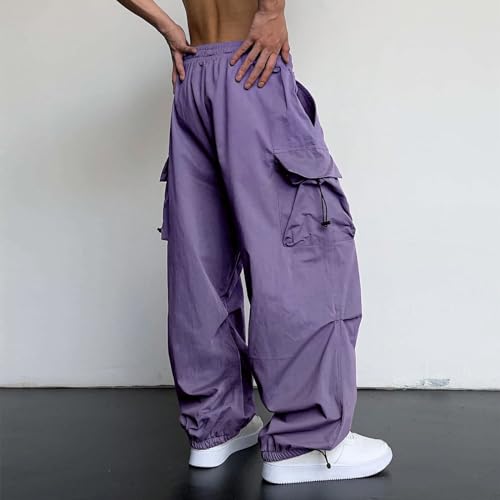 CRTNCEM Men Baggy Parachute Pants Y2K Drawstring Elastic Waist Wide Leg Cargo Pants Loose Joggers with Pockets for Streetwear3