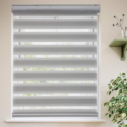 MYshade Persianas enrollables estilo cebra para ventanas, inalámbricas, para filtrar la luz, día y noche, de doble capa, 33 x 72 pulgadas, color gris
