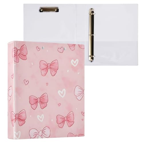 Image of White Pink Bow Heart 3 Ring Binder with 2 Interior Pockets 1.5 inch Binders 3 Ring Heavy Duty Fit 8.5 inch x 11 inch Letter Size for Office School, 2 Pack