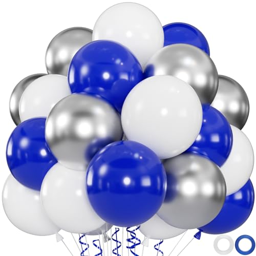 60pcs Blue White Silver Balloons 12 Inch Royal Blue Metallic Silver Balloons for Class of 2026 Graduation Birthday Wedding Fathers Day Party Decorations