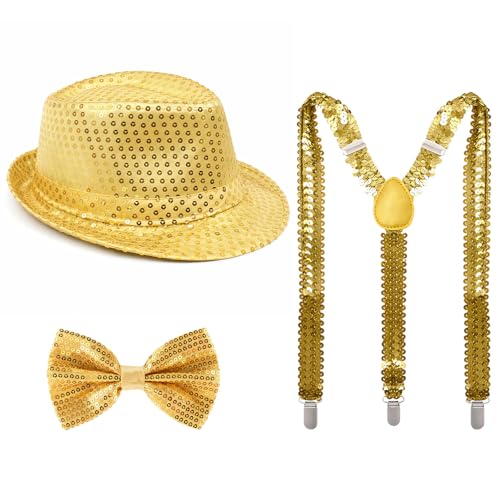 MUNSKT Lot de 3 Tenue pailletée pour homme avec nœud papillon à paillettes bretelles en Y...