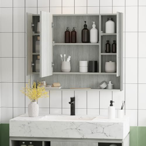 kleankin Armoire Murale Salle de Bain avec Miroir 90 x 15 x 75 cm Gris – vue 3