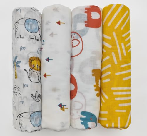 Image of Trance Home Linen Super Ultra Soft 100% Cotton Malmal Baby Swaddle Cloth | Baby Wrap for New Born Babies | Skin Frindelly Soft Baby Towel |New Born Swaddles-(100x100 Cm, Peeples & Pine,Pack of 4)