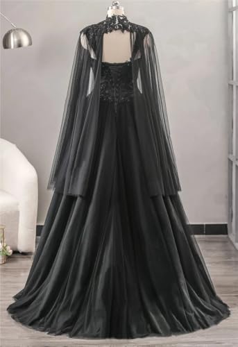 Dotiba Gothic Wedding Dresses For Bride With Cape Long Black Bridal Dress #TOP12