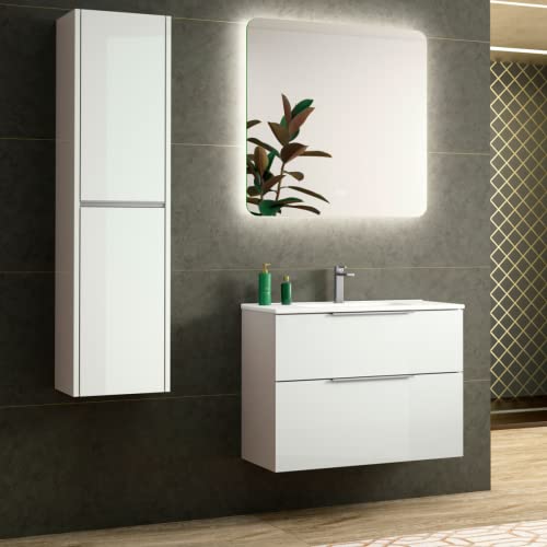 Mueble de Baño Suspendido Fondo Reducido Comet | Mueble Baño al Aire Fondo Reducido Para Aseo 2 Cajones con Cierre Amortiguado y Lavabo Cerámico | Blanco Brillo Tirador Cromo | 70cm