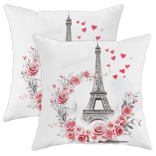 Lot de 2 housses de coussin décoratives de la tour Eiffel, roses rouges et cœurs, accessoires romantiques pour décoration d'intérieur, Saint-Valentin,...