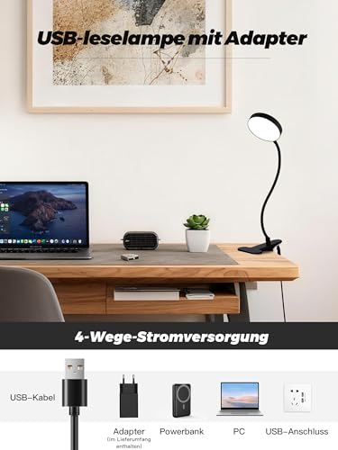 Leselampe Bett,10 Farben+10 Helligkeit Klemmlampe Bett,500LM Helles Klemmleuchte,Nachtlicht Kinder,USB Adapter Schreibtischlampe Klemmbar,Nachtlampe,LED Nachttischlampe Dimmbar,Leselampe Kinder