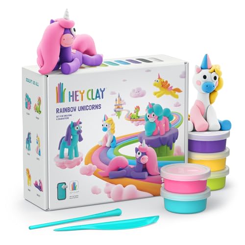 Hey Clay - Coffret Licornes Arc-en-Ciel : pâte à Modeler autodurcissante colorée pour Enfants, avec 15 Pots, Outils et appli ludique – dès 3 Ans
