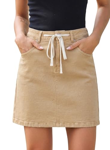 Image of Sidefeel Women's Jean Skirt High Waist Drawstring Stretchy Casual Summer Loose Fit Trendy Mini Denim Skirt with Pockets