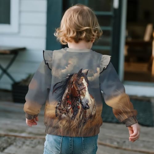 WELLFLYHOM Western Horse Girls Shirts Top 3-4T Toddler Crewneck Long Sleeve Sweatshirt Native Graphic Casual Top Drop Shoulder Ruffle Sleeve Fall Outfit for Fall Winter Spring3