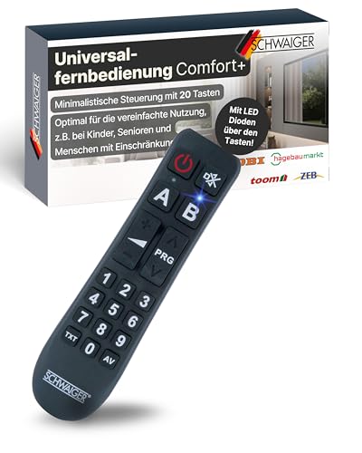 SCHWAIGER Universalfernbedienung Comfort+ I Seniorenfernbedienung mit 20 Tasten I einfache Bedienung I Ersatzfernbedienung für 2 Geräte I vorprogrammiert für Samsung, LG, Sony, Philips, Panasonic