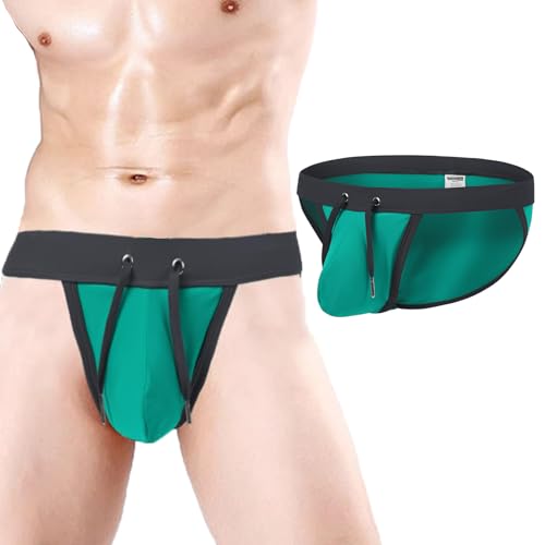 Men's Swim Bikini Briefs with Pouch Bulge Swimwear Sexy High Leg Split Adjustable Waistband Soft Beachwear M Green