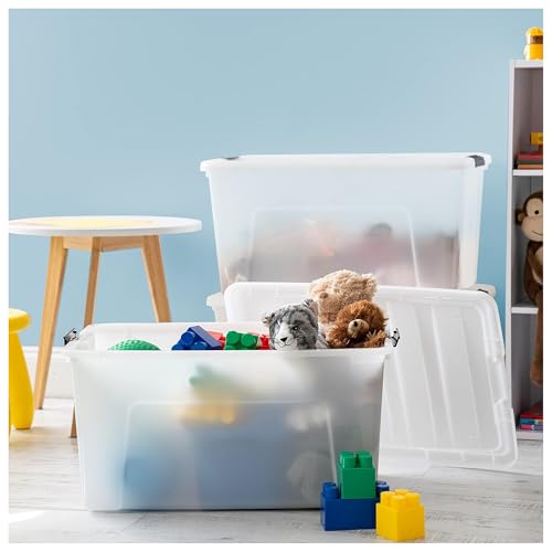 Image of IRIS USA 72 QT Plastic Storage Box with Lid and Latches - 8 Pack - BPA-Free, Discreet Organizing Solution, Durable Nestable Stackable Containers, Secure Pull Handle - Pearl