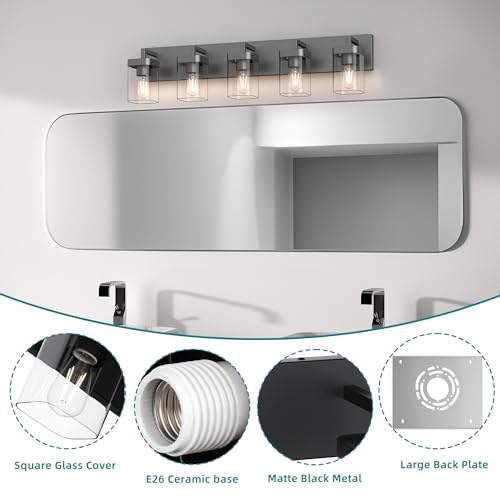 Image of Bathroom Vanity Light, Square Design 5 Lights Morden Bathroom Lighting Fixtures Over Mirror, Black Vanity Light for Living Room /Bedroom