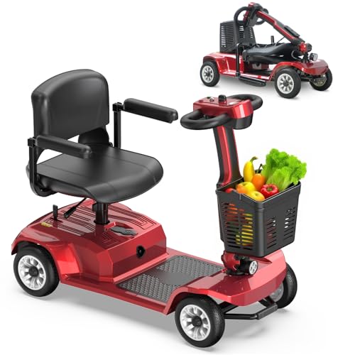 4 Wheel Foldable Mobility Scooter, Long Range,418 lb Capacity, Electric Power Mobile Wheelchair for Seniors Adult with Lights Collapsible and Travel Scooter with Basket (RED 12.74 Miles)