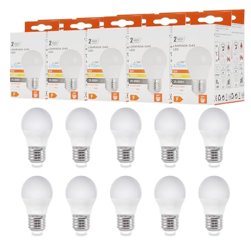 Maxled, Light is Led! Pack de 10 Lámparas LED E27 P45/G45, 5W Sustituye 40W Halógena, 3000K Luz Cálida, Bola, 470lm, Ahorradora, No Regulable, 180°, 220-240V CA