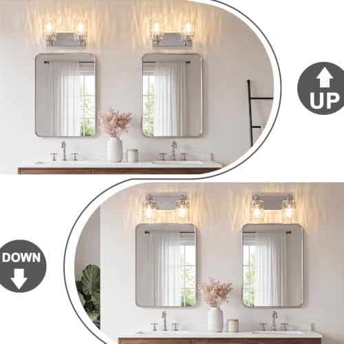Image of 2-Light Bathroom Light Fixtures Modern Chrome Vanity Lights | Easy to Install Clear Hammered Glass Shades, Rippled Glow, Wall Mount Up or Down, E26 Socket, Hardwired, 120V