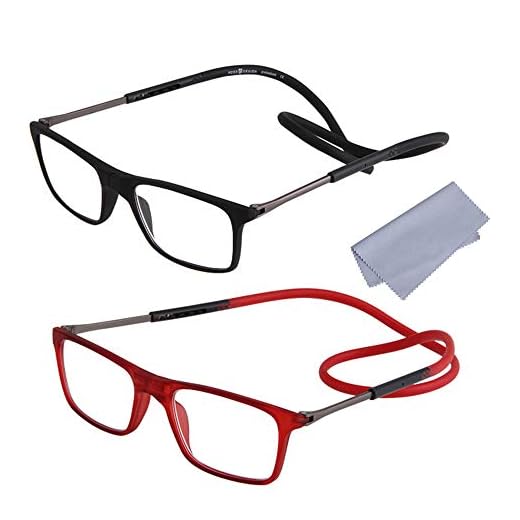 2-Pack Gafas de Lectura Magnéticas Plegables para Hombre y Mujer +1.50(50-54 años) Presbicia Vista Montura Regulable Colgar del Cuello y Cierre con Imán, Negro + Rojo
