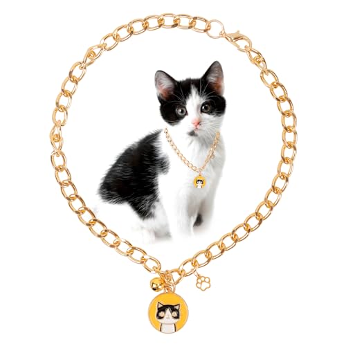 Image of HOWWFALY Dog Collar and Cat Chain Necklace Stainless Steel Adjustable 18K Gold Heart-Shaped Necklace for Small Pets Cats Kitten Puppy (Gold, 13.7 inch)