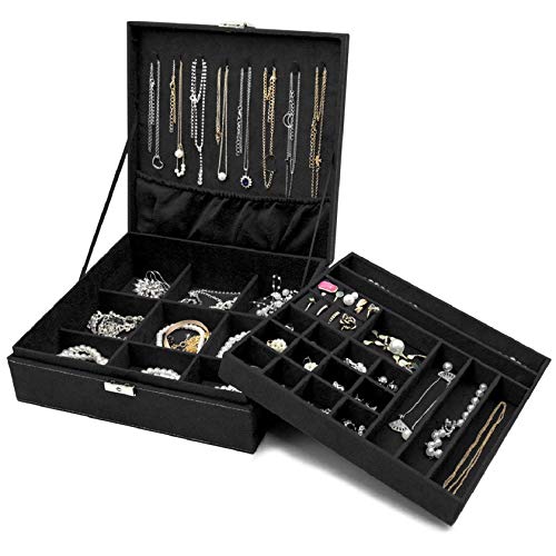 ProCase Estuche Joyero Grande Aterciopelado para Mujer, Caja Organizadora de 2 Pisos con Colgador de Collares Pendientes, Guardar Joyas Accesorios Decoración Pulseras Anillos Relojes en Hogar -Negro