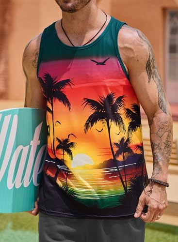 Image of VOGSTART Mens Hawaiian Beach Tank Tops Summer Vacation Muscle Top Graphic Sleeveless Shirts (S-3XL)