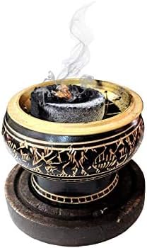 Aro Vatika Brass Burner Used for Burning Incense/Charcoal/Sambrani Dhoop/with Wooden Coaster to Hold The Burner (Black)