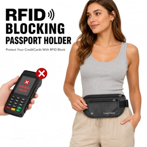Image of travel inspira RFID Hidden Money Belt Slim Anti Theft Travel Wallet | Passport Holder for Travel Concealed under Clothes for Ultimate Protection of Credit Cards, Cash, Passport & Documents, Black