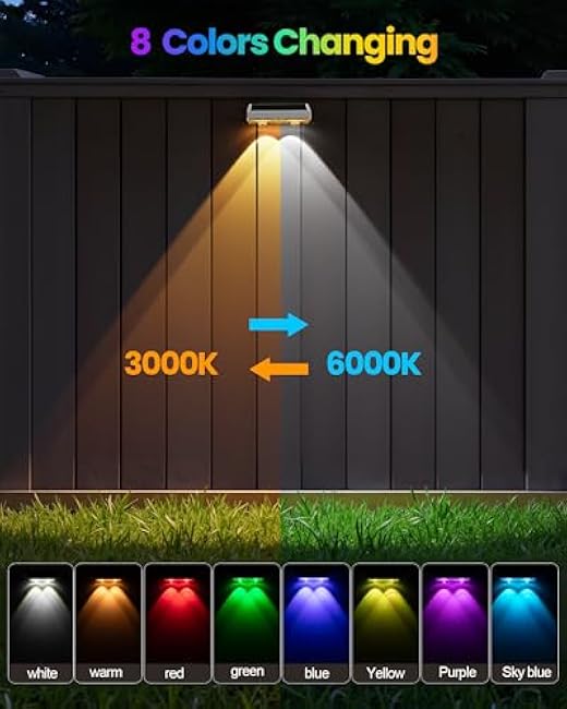 Bridika Solar Fence Lights Outdoor Waterproof, 12 Pack Solar Powered Deck Lights with Bright Lens LED, Warm White, Cool White and RGB Color Glow, Solar Light for Backyard, Wall, Patio & Garden