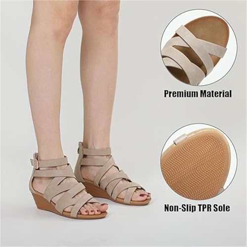 Dressy Comfortable Wedges Shoe, Women's Leather Ankle Strappy Adjustable Buckle Cutout Round Open Toe Back Zipper Wedge Sandals, Casual Non-slip Thick Soft Sole Roman Sandals, for Travel2