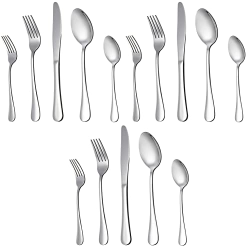 Image of Silverware Set 15 Pieces, Stainless Steel Flatware Set, Mirror Polish Cutlery Set, Utensil Sets Service Set for 4 (Silver, Set of 15)