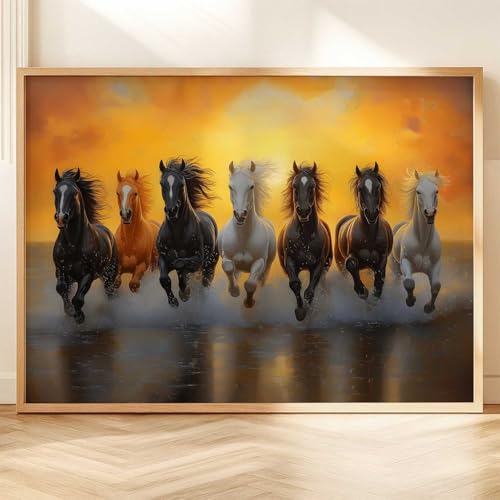 Image of HOTHOUSE Seven Running Vastu Lucky Horse | 7 Horses Vastu Frame Wall Art Painting for Living Room Bedroom Office Home Decor Rising Sun Painting Wall Decor Size (10X13 inch)
