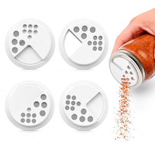 Adjustable Spice Shaker Lids for Mason Jars | 4 Pack Plastic Seasoning Jar Lids with Shaker & Pour Options | Refillable Spice Dispenser Tops for Herbs Salt & Pepper (Regular Mouth Lids)