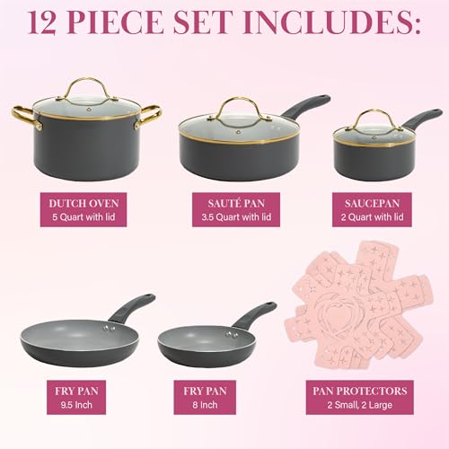 Image of Paris Hilton Epic Nonstick Pots and Pans Set, Multi-layer Coating, Tempered Glass Lids, Soft Touch, Stay Cool Handles, Made without PFOA, Dishwasher Safe Cookware 12-Piece, Charcoal Gray