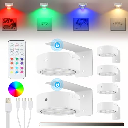 Glighone 6Pcs Rechargeable Battery Picture Light,13 RGB Color Magnetic Wall Lights for Pictures with Remote Dimmable and Timer, Art Display Light for Paintings Battery Operated-RGB White