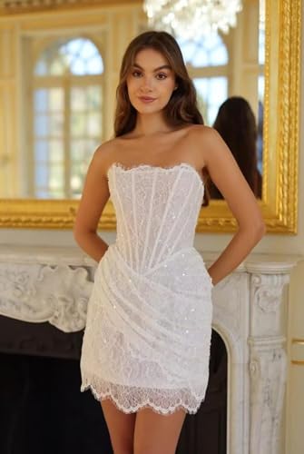 Sequin Lace Short Wedding Dresses for Bride Mermaid Ruffle Wedding Dress for Women Strapless Bridal Shower Dress for Bride3