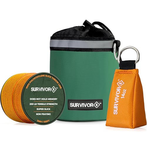 SURVIVOR Arborist Throw Line Kit - Includes 14 OZ Throw Weight, 200 LB Throw Line, & Storage Case - Rugged Tree Climbing Gear with Arborist Rope, Arborist Throw Bag, & Storing Case