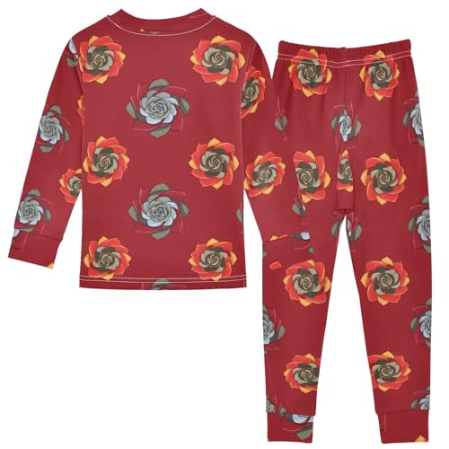 Pajama Sets Long Sleeve Floral Design on Red Background Soft Comfy Sleepwear 2 Piece PJS 3-8T3