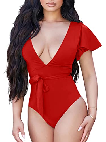 GOKATOSAU Damen Sexy Sommer Tiefer V-Ausschnitt Einteiler Badeanzüge Seitliche Krawatte Bowknot Bademode Cover