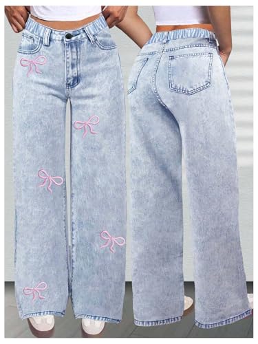 WDIRARA Girl's Bow Embroidered Baggy Jeans High Waisted Straight Leg Denim Pants3
