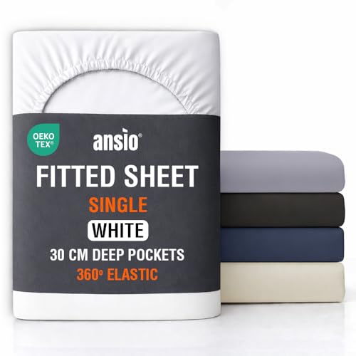 ANSIO Single Fitted Sheet Soft Brushed Microfibre Fabric Deep Pocket 30cm All-Around Elastic OEKO-TEX Certified Easy Care & Naturally Smooth After Wash - White