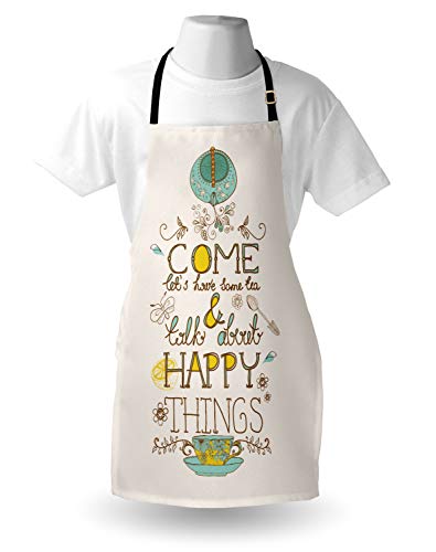 Lunarable Tea Lover Apron, Ethnic Designed Text Vintage Teapot And Teacup Illustration Art Print, Unisex Kitchen Bib With Adjustable Neck For Cooking Gardening, Adult Size, Eggshell Multicolor #TOP13