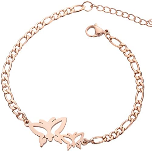 Jude Jewelers Stainless Steel Butterfly Charm Figaro Chain Adjustable Size Strand Bracelet (Rose Gold)
