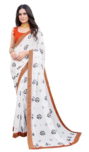 Sari imprimé georgette femme à bordure dentelle et blouse à coudre