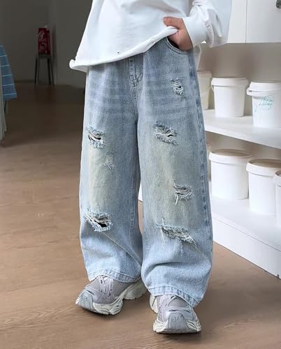 Boys Kids Baggy Wide Leg Hole Jeans Elastic Waist Distressed Ripped Hip Hop Skater Denim Pants 3-11 Years4