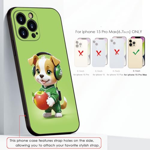 Charming Cartoon Dog for iPhone 15 pro max Case - Playful Pup in Green Headphones & Sporty Outfit Holding Apple | Trendy Slim Protection for Girls & Women & Teens, (B1-Cartoon Cute Dog)