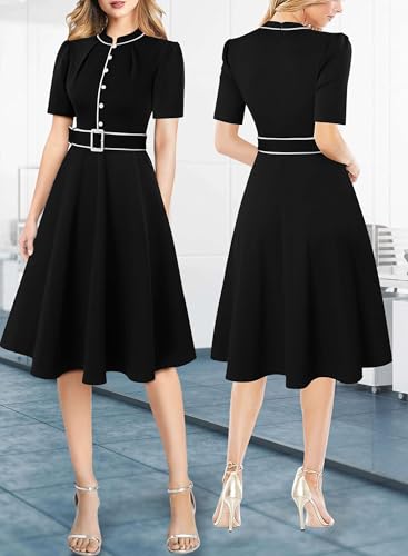 Image of VFSHOW Womens 2024 Business Work Office Pockets Belted Buttons Elegant Fit and Flare A-Line Dress