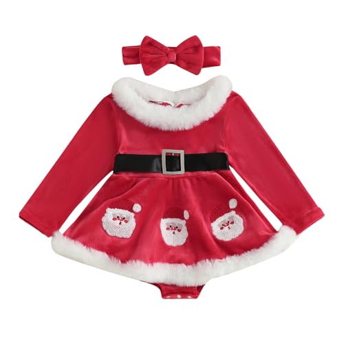 Toddler Baby Girl Christmas Outfit Santa Romper Dress Long Sleeve Fur Trim Velvet Xmas Princess Dress Cute Winter Clothes