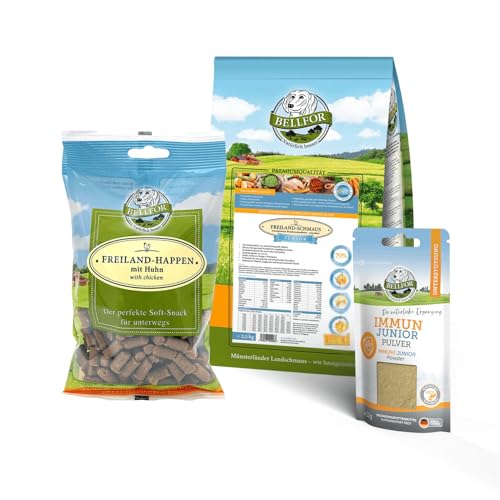 Bellfor Welpenfutter Set für Kleine Rassen Freiland-Schmaus Junior 2,5 kg Freiland-Happen 200g und Immun Pulver Junior 50g versorgt Welpen mit wichtigen Aminosäuren sowie zahlreichen Mikronährstoffen