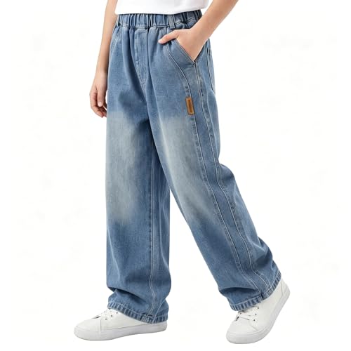 Image of Tokeya Boys Baggy Jeans Elastic Waist Kids Wide Leg Long Trousers with Pockets Casual Straight Loose Fit Jeans Vintage Outdoor Streetwear Denim Pants for Children 14-15 Years, Light Blue
