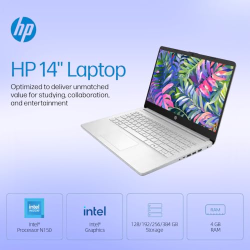 Image of HP 14 inch HD Laptop, Intel N150, 4GB RAM, 384GB Storage (128GB UFS + 256GB SD Card), 720p Webcam, Slim Design, WiFi 6, Student Business Computer, 1 Year Office 365, Win 11 Home S, Natural Silver